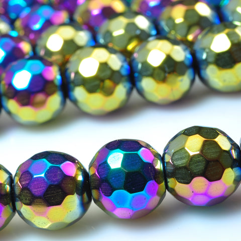 YesBeads Rainbow Hematite titanium coated faceted round beads gemstone wholesale 15"