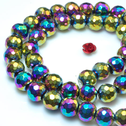 YesBeads Rainbow Hematite titanium coated faceted round beads gemstone wholesale 15"