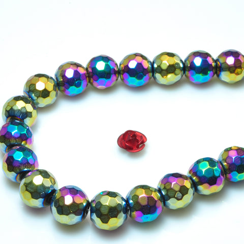 YesBeads Rainbow Hematite titanium coated faceted round beads gemstone wholesale 15"