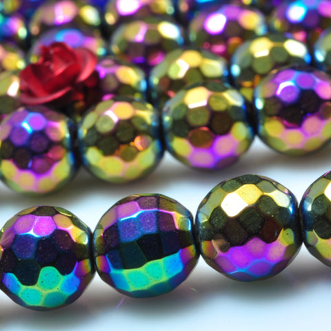 YesBeads Rainbow Hematite titanium coated faceted round beads gemstone wholesale 15"