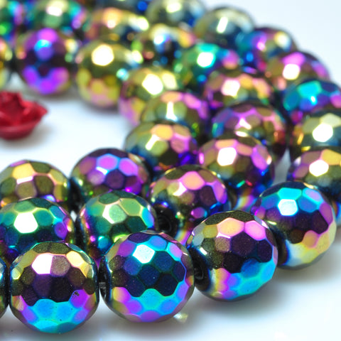 YesBeads Rainbow Hematite titanium coated faceted round beads gemstone wholesale 15"