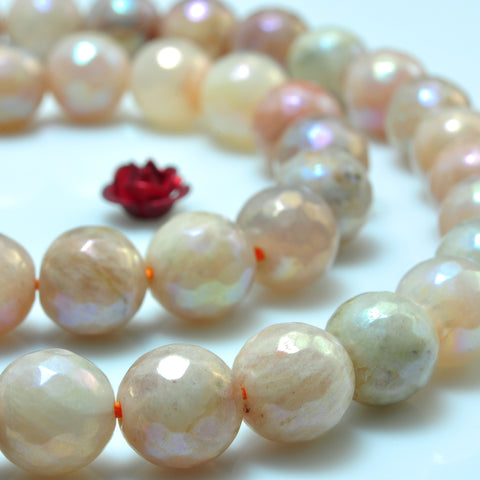 YesBeads Titanium Sunstone AB color faceted round beads gemstone wholesale jewelry 15"
