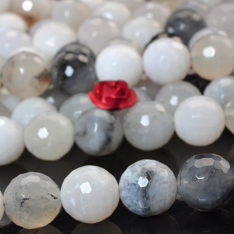 YesBeads Natural Black White Agate faceted round beads gemstone 8mm 15"