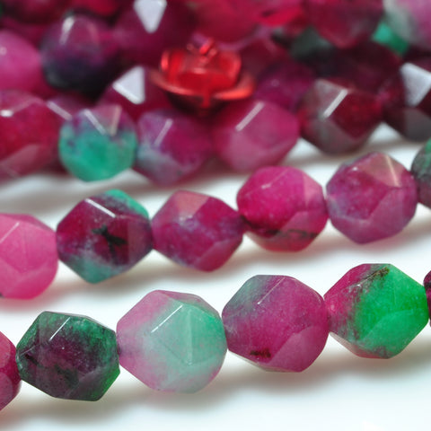 YesBeads Red Green Jade star cut faceted nugget beads gemstone 6mm 15"