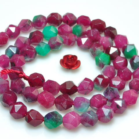 YesBeads Red Green Jade star cut faceted nugget beads gemstone 6mm 15"