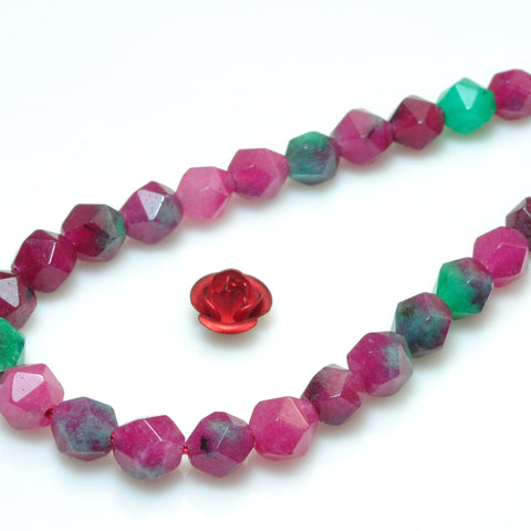YesBeads Red Green Jade star cut faceted nugget beads gemstone 6mm 15"