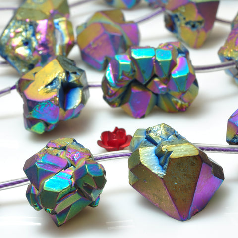YesBeads Titanium coated rainbow quartz crystal points faceted rough nugget chunks beads gemstone 19.5"