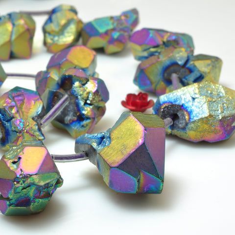 YesBeads Titanium coated rainbow quartz crystal points faceted rough nugget chunks beads gemstone 19.5"