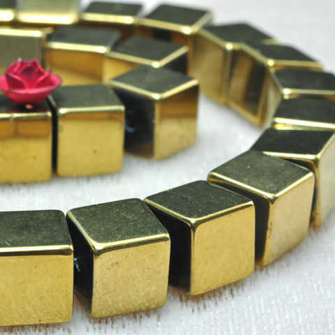 YesBeads Gold Hematite smooth square cube beads yellow stone wholesale jewelry 15"