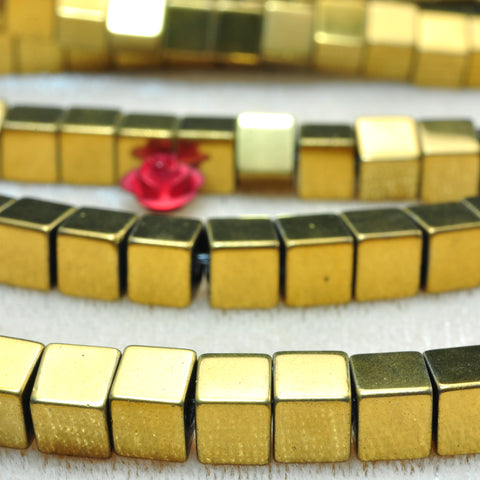 YesBeads Gold Hematite smooth square cube beads yellow stone wholesale jewelry 15"