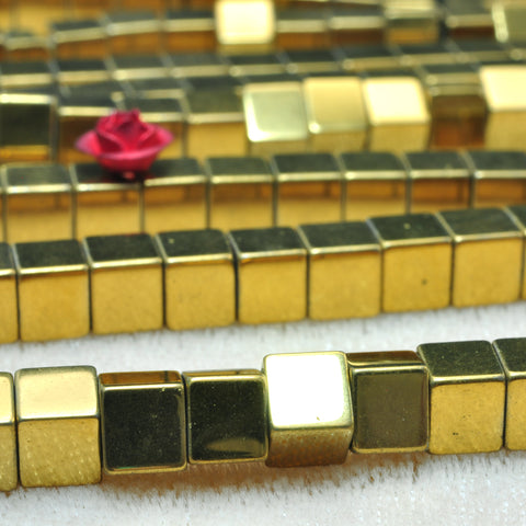YesBeads Gold Hematite smooth square cube beads yellow stone wholesale jewelry 15"