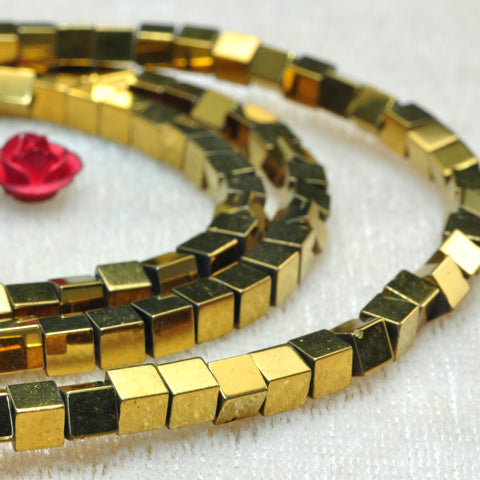 YesBeads Gold Hematite smooth square cube beads yellow stone wholesale jewelry 15"
