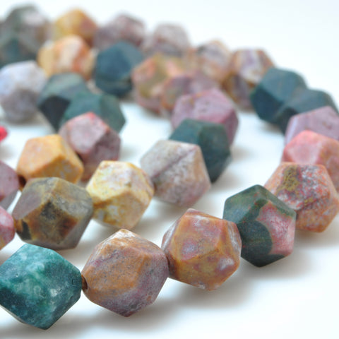 YesBeads Natural Ocean Fossil Agate matte star cut faceted nugget beads gemstone wholesale 15"