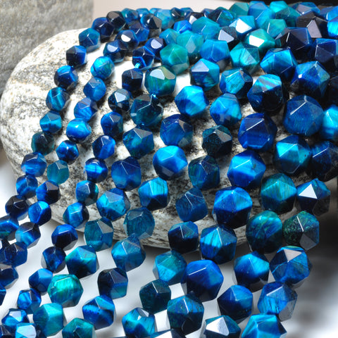 YesBeads Blue Tiger Eye star cut faceted nugget beads gemstone 6mm-10mm 15"