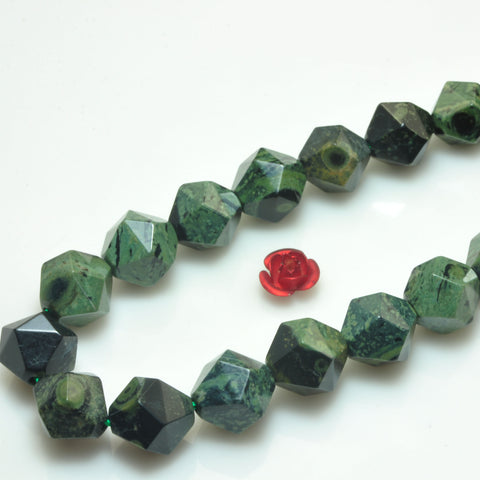 YesBeads natural dark green Kambaba jasper faceted star cut nugget beads wholesale gemstone 15''
