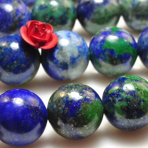 YesBeads Natural Azurite gemstone smooth round loose beads blue green stone wholesale jewelry making 6mm-12mm 15"