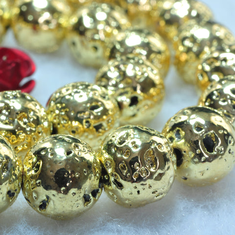 YesBeads Gold Plated Lava stone smooth round beads wholesale 8mm 15"