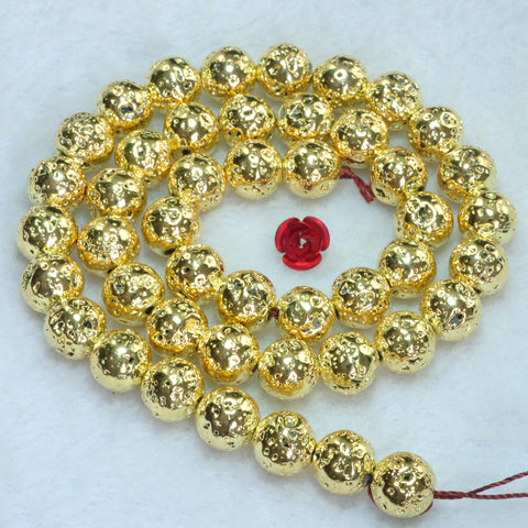 YesBeads Gold Plated Lava stone smooth round beads wholesale 8mm 15"