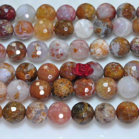 YesBeads Natural Plume Agate rainbow gemstone faceted round beads 8mm 15"
