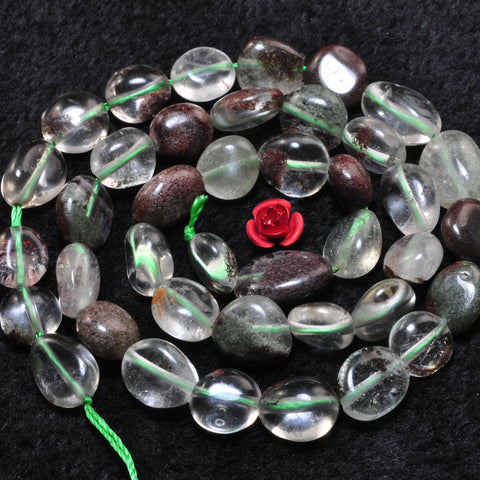 YesBeads Natural Phantom Quartz smooth pebble chip beads green phantom clear quartz gemstone wholesale jewelry making 15"