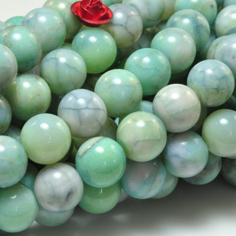 YesBeads Green Fire Agate crackle smooth round beads gemstone wholesale jewelry 15"