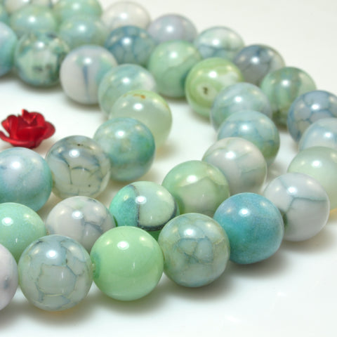 YesBeads Green Fire Agate crackle smooth round beads gemstone wholesale jewelry 15"