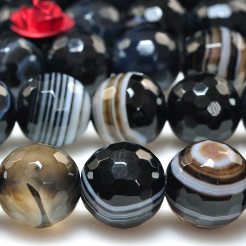 YesBeads Natural black banded agate faceted round beads black eye gemstone wholesale jewelry 15"