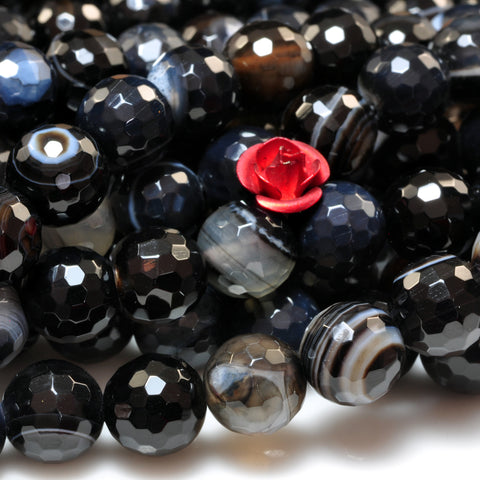 YesBeads Natural black banded agate faceted round beads black eye gemstone wholesale jewelry 15"
