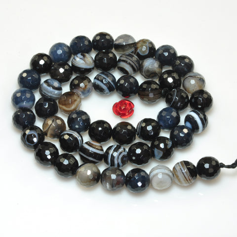 YesBeads Natural black banded agate faceted round beads black eye gemstone wholesale jewelry 15"