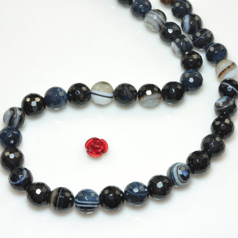 YesBeads Natural black banded agate faceted round beads black eye gemstone wholesale jewelry 15"