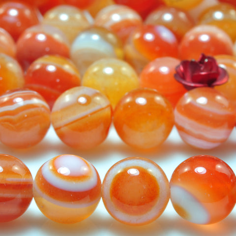 Natural Banded Agate smooth round loose beads orange red agate gemstone wholesale jewelry making 15"
