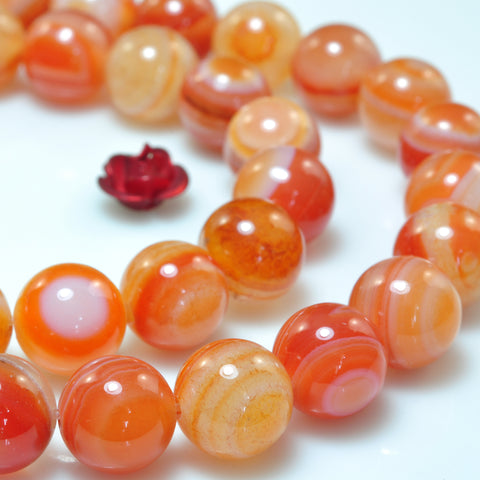 Natural Banded Agate smooth round loose beads orange red agate gemstone wholesale jewelry making 15"