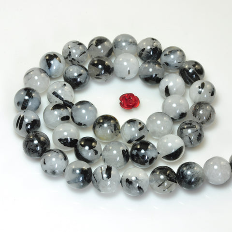 YesBeads Natural Black Rutilated Quartz smooth round beads gemstone 15"