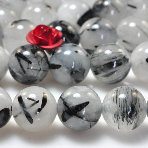 YesBeads Natural Black Rutilated Quartz smooth round beads gemstone 15"