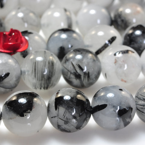 YesBeads Natural Black Rutilated Quartz smooth round beads gemstone 15"