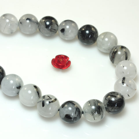 YesBeads Natural Black Rutilated Quartz smooth round beads gemstone 15"