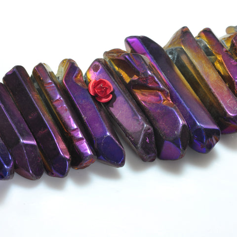 Quartz crystal points titanium coated mystic purple top drilled smooth spike tower stick beads 15"