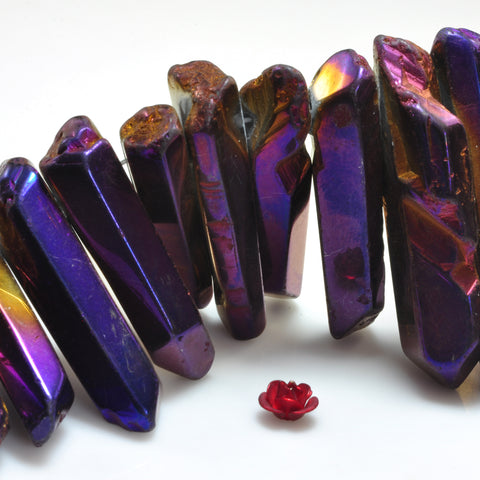 Quartz crystal points titanium coated mystic purple top drilled smooth spike tower stick beads 15"