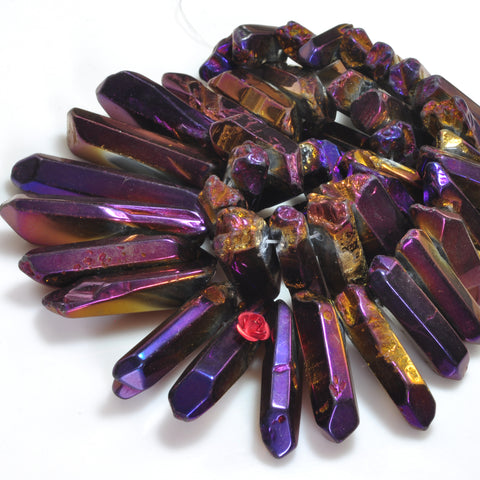 Quartz crystal points titanium coated mystic purple top drilled smooth spike tower stick beads 15"