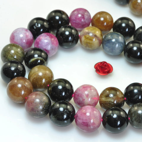 YesBeads Natural watermelon tourmaline gemstone smooth round loose beads wholesale jewelry making 15"