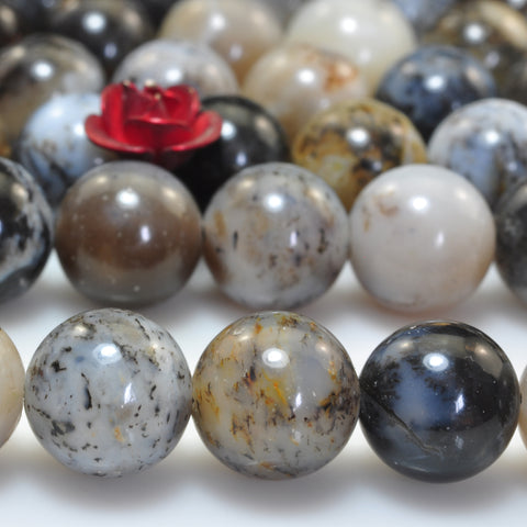 YesBeads Natural Black Moss Opal smooth round beads gemstone wholesale jewelry 15"