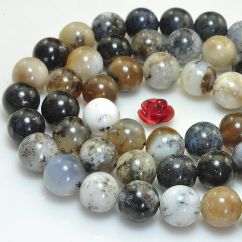 YesBeads Natural Black Moss Opal smooth round beads gemstone wholesale jewelry 15"