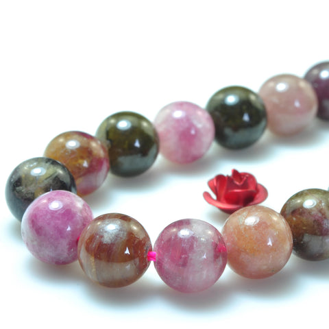 YesBeads Natural watermelon tourmaline gemstone smooth round loose beads wholesale jewelry making 15"