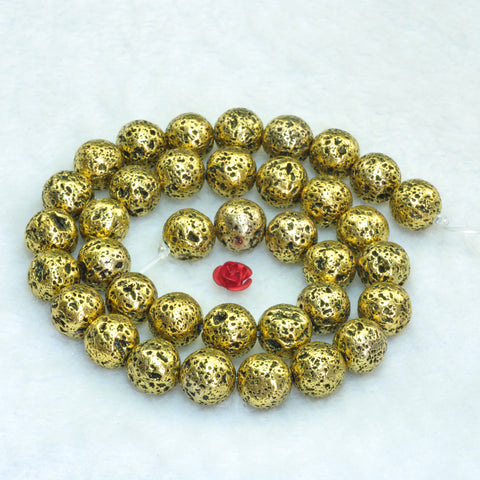 YesBeads Gold plated lava stone matte round loose beads gemstone 8mm 10mm 15"