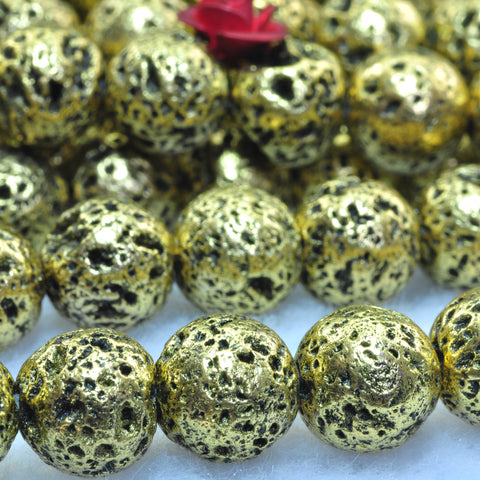 YesBeads Gold plated lava stone matte round loose beads gemstone 8mm 10mm 15"