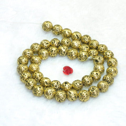 YesBeads Gold plated lava stone matte round loose beads gemstone 8mm 10mm 15"