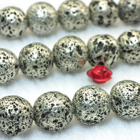 YesBeads Silver Lava stone antique silver plated matte round lava beads gemstone 10mm 15"