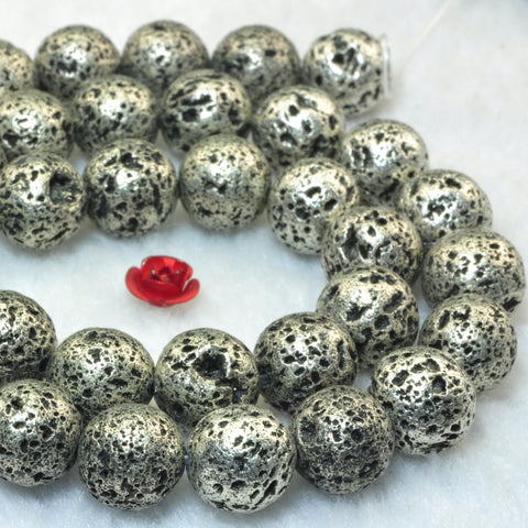 YesBeads Silver Lava stone antique silver plated matte round lava beads gemstone 10mm 15"