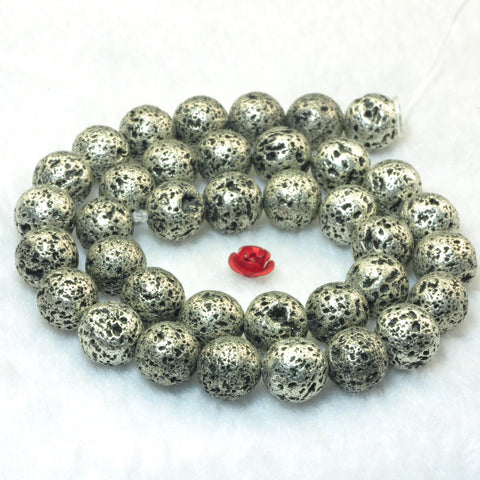YesBeads Silver Lava stone antique silver plated matte round lava beads gemstone 10mm 15"
