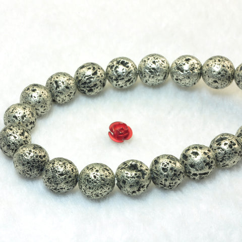 YesBeads Silver Lava stone antique silver plated matte round lava beads gemstone 10mm 15"